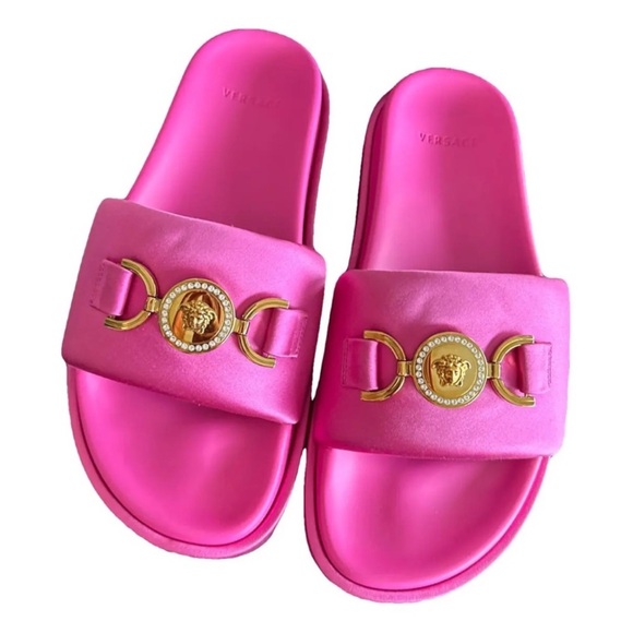 Versace Pink Satin Slides platform Sandals with Gold Medallion